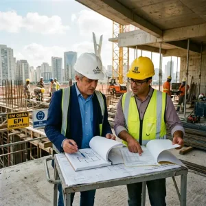 diretor de incorporacao e engenheiro avaliando medicao de obra para credito associativo na incorporacao