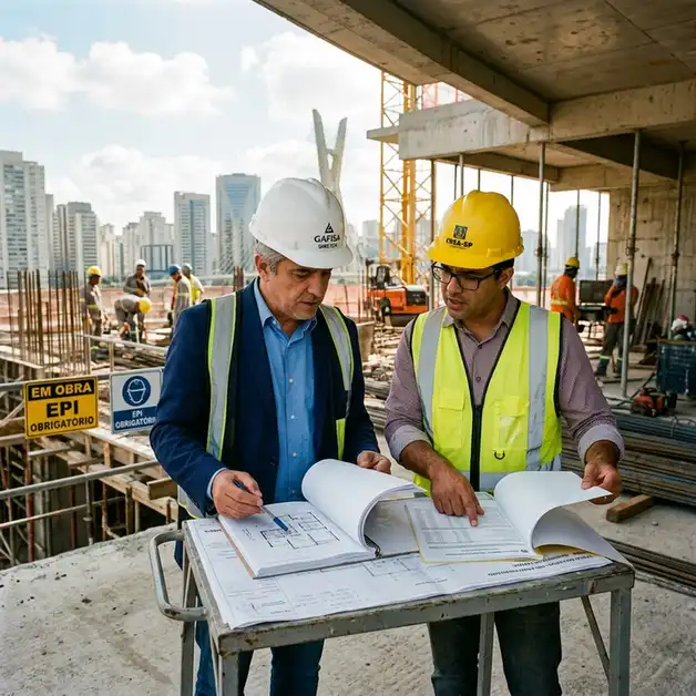 diretor de incorporacao e engenheiro avaliando medicao de obra para credito associativo na incorporacao