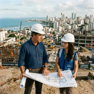 engenheiro e incorporador analisando terreno para estudo de vocacao imobiliaria