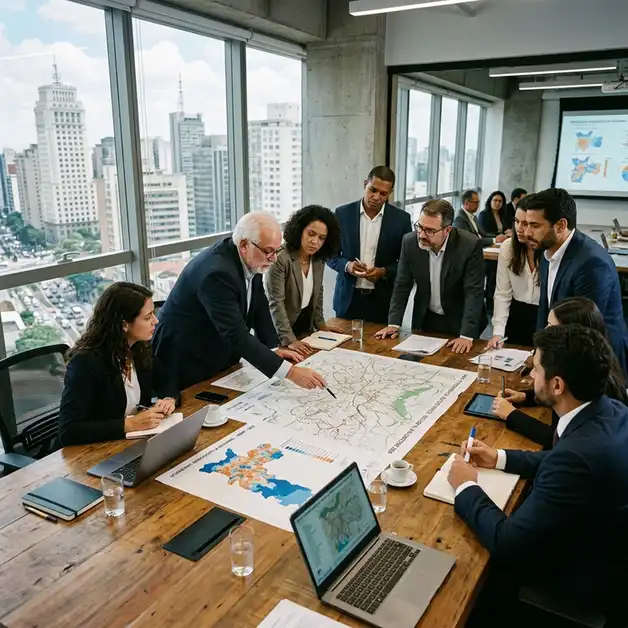comite executivo avaliando dados demograficos no estudo de vocacao imobiliaria