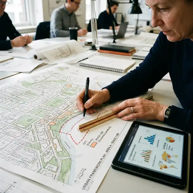 arquiteto desenhando zoneamento urbano e tipologia no estudo de vocacao imobiliaria