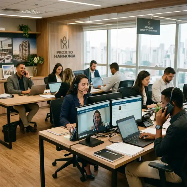 Equipe de pré-vendas e SDRs imobiliários atuando na qualificação de leads digitais
