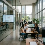 House de vendas imobiliária moderna com equipe comercial analisando painéis de performance