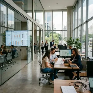House de vendas imobiliária moderna com equipe comercial analisando painéis de performance