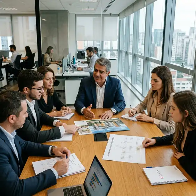 Diretoria comercial e corretores fechadores alinhando estratégias de lançamento imobiliário