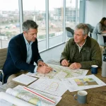 diretor de novos negocios e proprietario negociando permuta de terreno na incorporacao