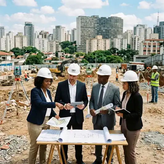 equipe de novos negocios realizando vistoria de area para permuta de terreno na incorporacao