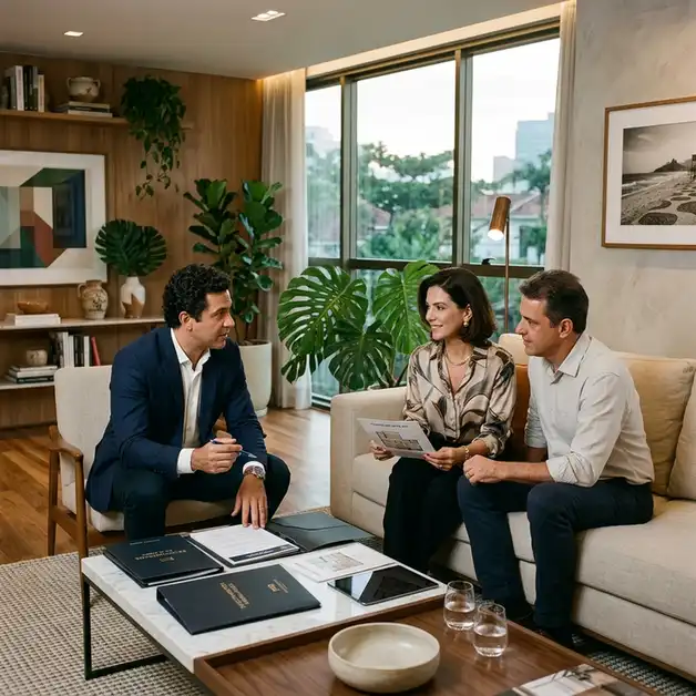 Diretor comercial e compradores finalizando proposta de compra no apartamento decorado