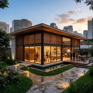 Stand de Vendas Imobiliário contemporâneo com iluminação arquitetônica e fachada envidraçada