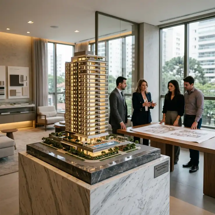 Maquete arquitetônica física iluminada em stand de vendas imobiliário com clientes avaliando o projeto