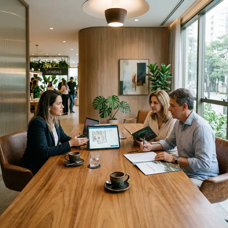 Mesa de atendimento VIP em stand de vendas imobiliário com tablet CRM e visualização de plantas