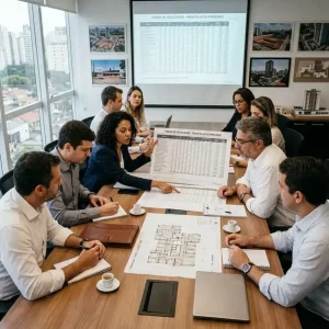 executivos analisando vso no mercado imobiliario e metas de vendas