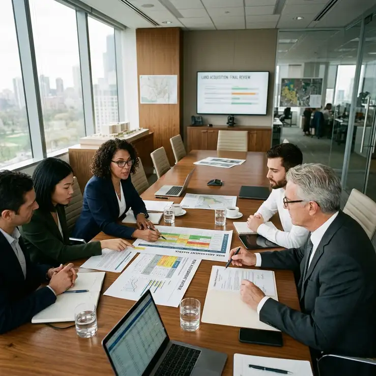 comite de novos negocios avaliando relatorio de due diligence imobiliaria na incorporacao