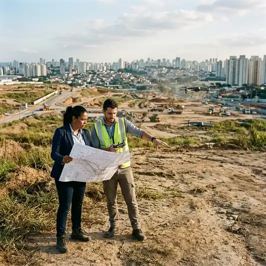 diretor de novos negocios e engenheiro ambiental realizando vistoria tecnica e due diligence imobiliaria na incorporacao