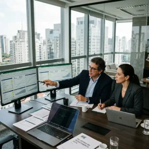 diretor financeiro e analista de investimentos estruturando estudo de viabilidade economica na incorporacao