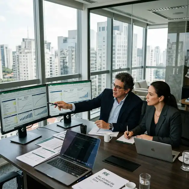 diretor financeiro e analista de investimentos estruturando estudo de viabilidade economica na incorporacao