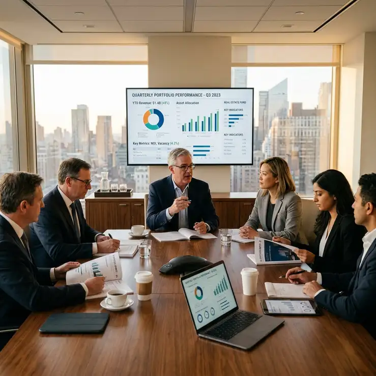 conselho de administracao e investidores analisando performance da carteira de recebiveis imobiliarios