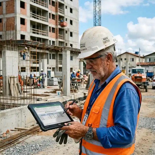 engenheiro civil revisando quadros da nbr 12721 e fracoes ideais do memorial de incorporacao